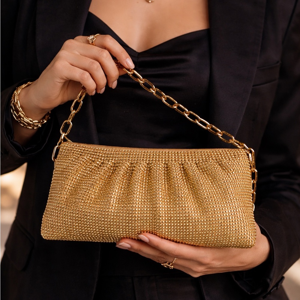 Gold Crystal-Embellished Evening Clutch